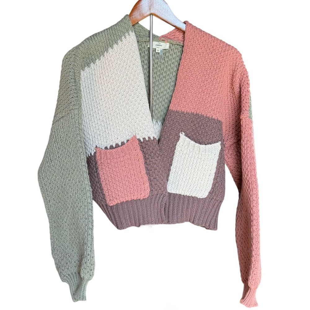 Entro Chunky Knit color-block Cardigan Pockets Size Medium